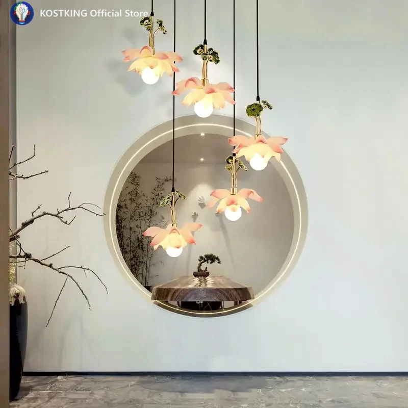 

New Chinese Chandelier Lotus Lotus Living Room Lighting Restaurant Creative Personality Art Lamps Zen Staircase Lights
