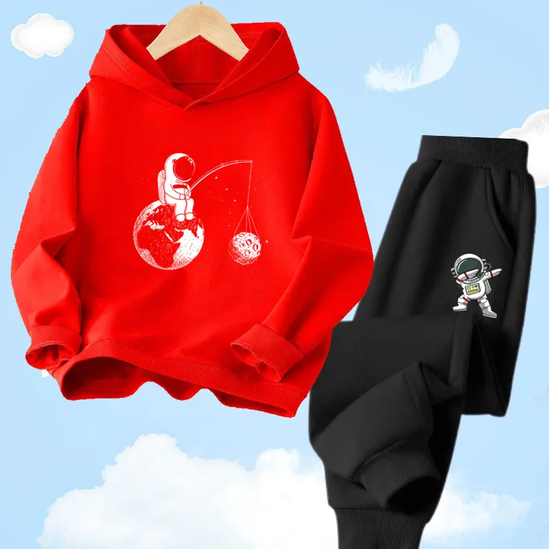 Boys and girls long-sleeved Funny Astronaut Cartoon Sports Hoodie set Kids fashion printed Hoody Sweatshirt Sportswear+Pants Set