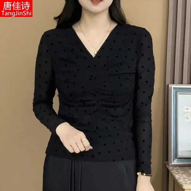 Advanced Mesh Elastic Base Small Shirt for Women's Autumn New Style Stylish and Age Reducing Versatile Long Sleeved T-shirt Top