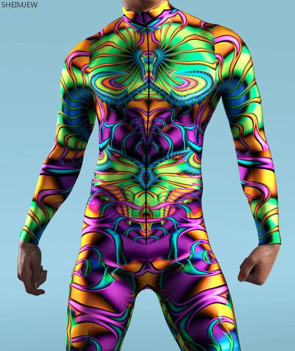 New Colorful Machine Zentai Men For Bodysuit Front Zipper Jumpsuit Carnival Festival Outfit  Thumb Sleeves Cosplay Costume