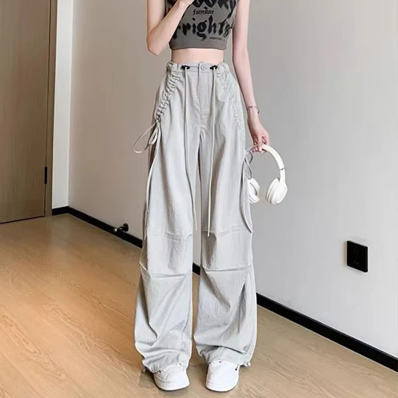 

Women America Style Solid Color Y2k Baggy Cargo Pants Bow Drawstring High Waist Loose Wide Leg Trousers Women Streetwear Pants