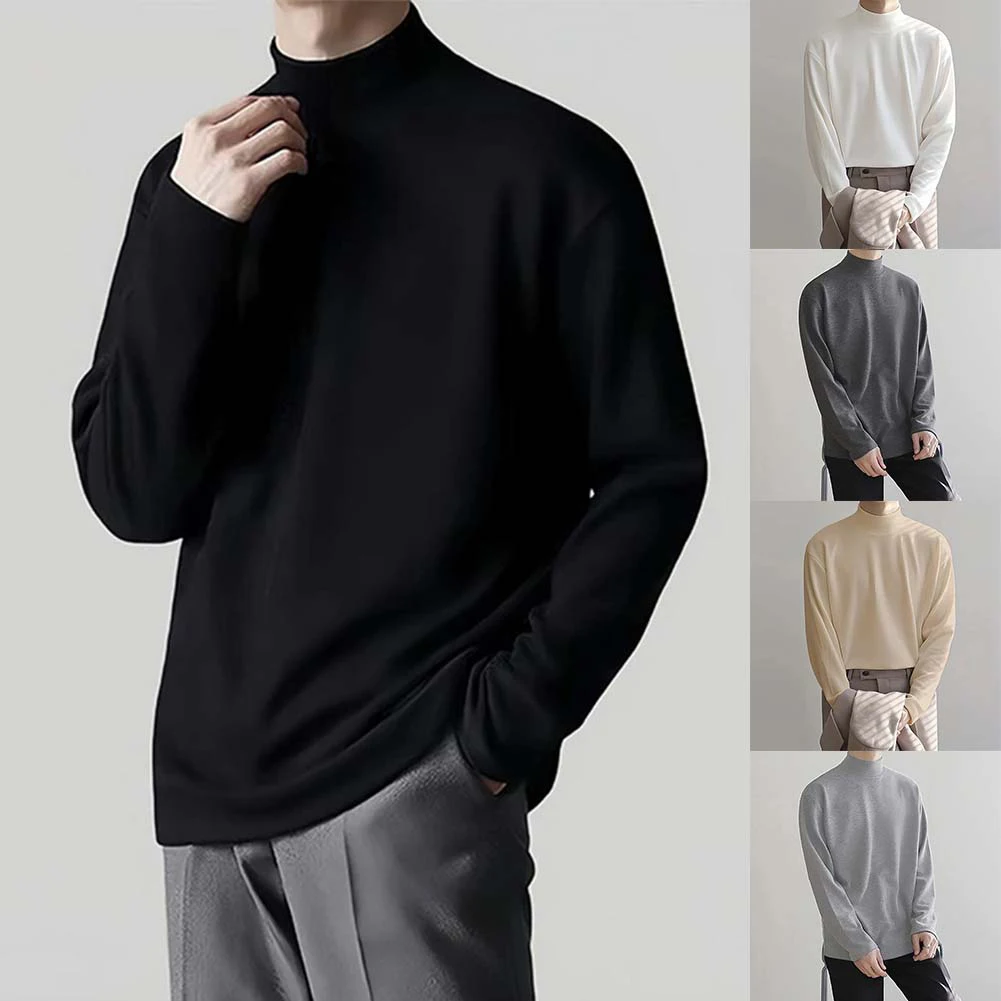 Mens Stretch High Neck Pullover Long Sleeve Top T-Shirt Bottom Shirt