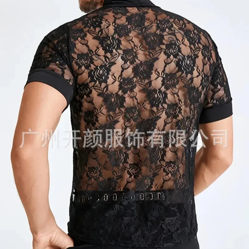 Men's T-Shirts High Necked Lace Rose Perspective T-shirt Beach Casual Top for Men