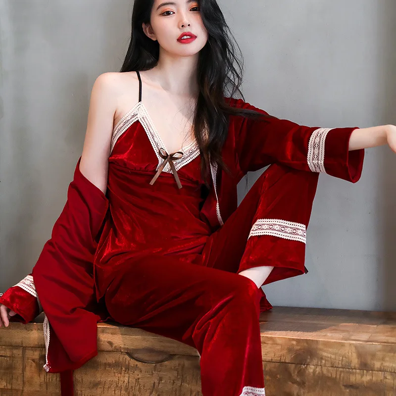 Winter Velvet Couple Pajamas Sexy Women Robe Cami Pants 3Pcs Velour Men Shirt Pants Bathrobe Sleepwear Loose Home Clothes