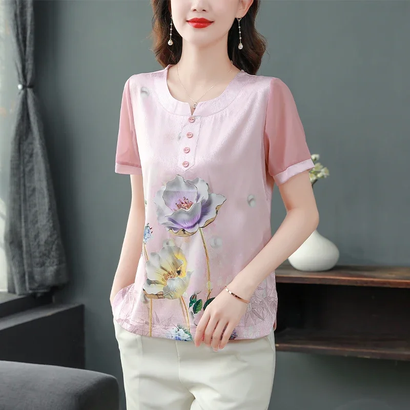 National Printed Shirt Women's Short Sleeve Summer Mom Loose Shirts Women Flower Top