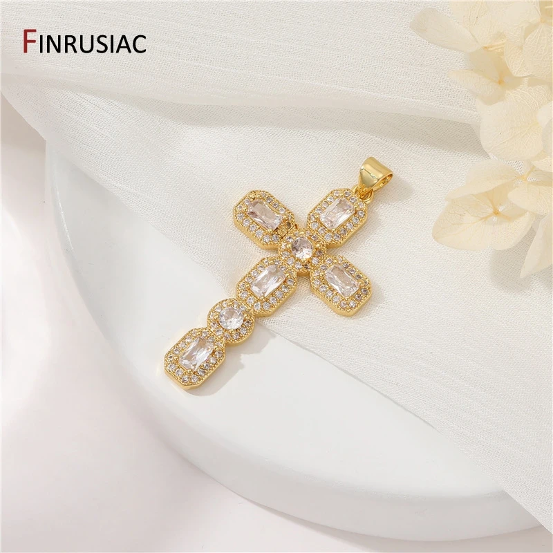 14K Gold Plated Brass Colorful Cubic Zirconia Large Cross Pendant For Religious Faith Charm Necklace Jewelry Making Accessories