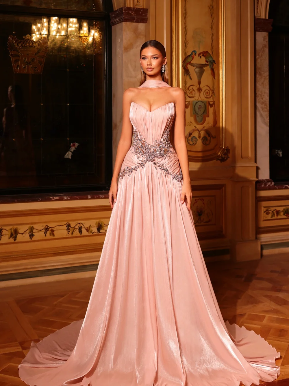 ชุดราตรีผ้าซาตินสีชมพูหรูหรา GraceProm รุ่น 2026 ประดับเพชรระยิบระยับ ทรงเอไลน์ยาวกรอมพื้น สำหรับงานปาร์ตี้