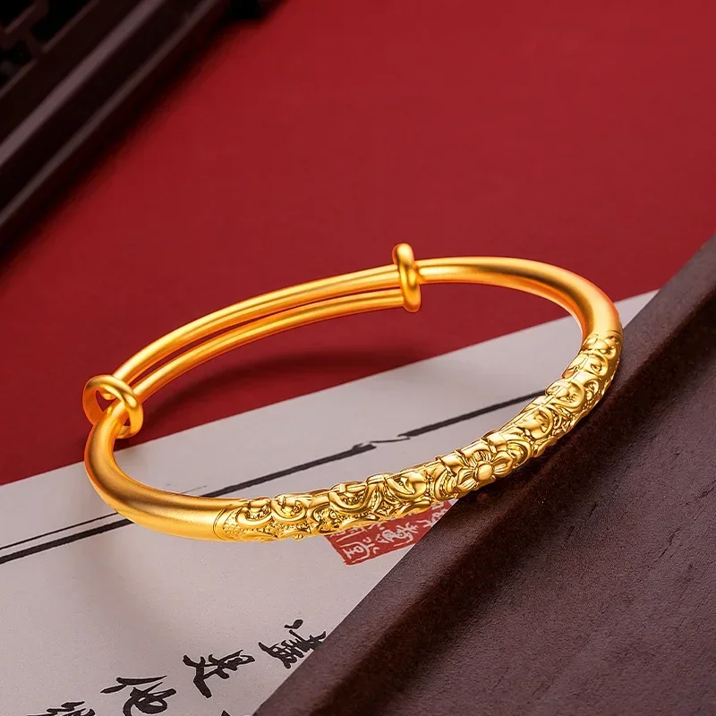 9999 Real Gold 24K Fine Sand Bauhinia Roll Grass Pattern Bracelet Retro National Style Engraved Plain Ring Push-pull