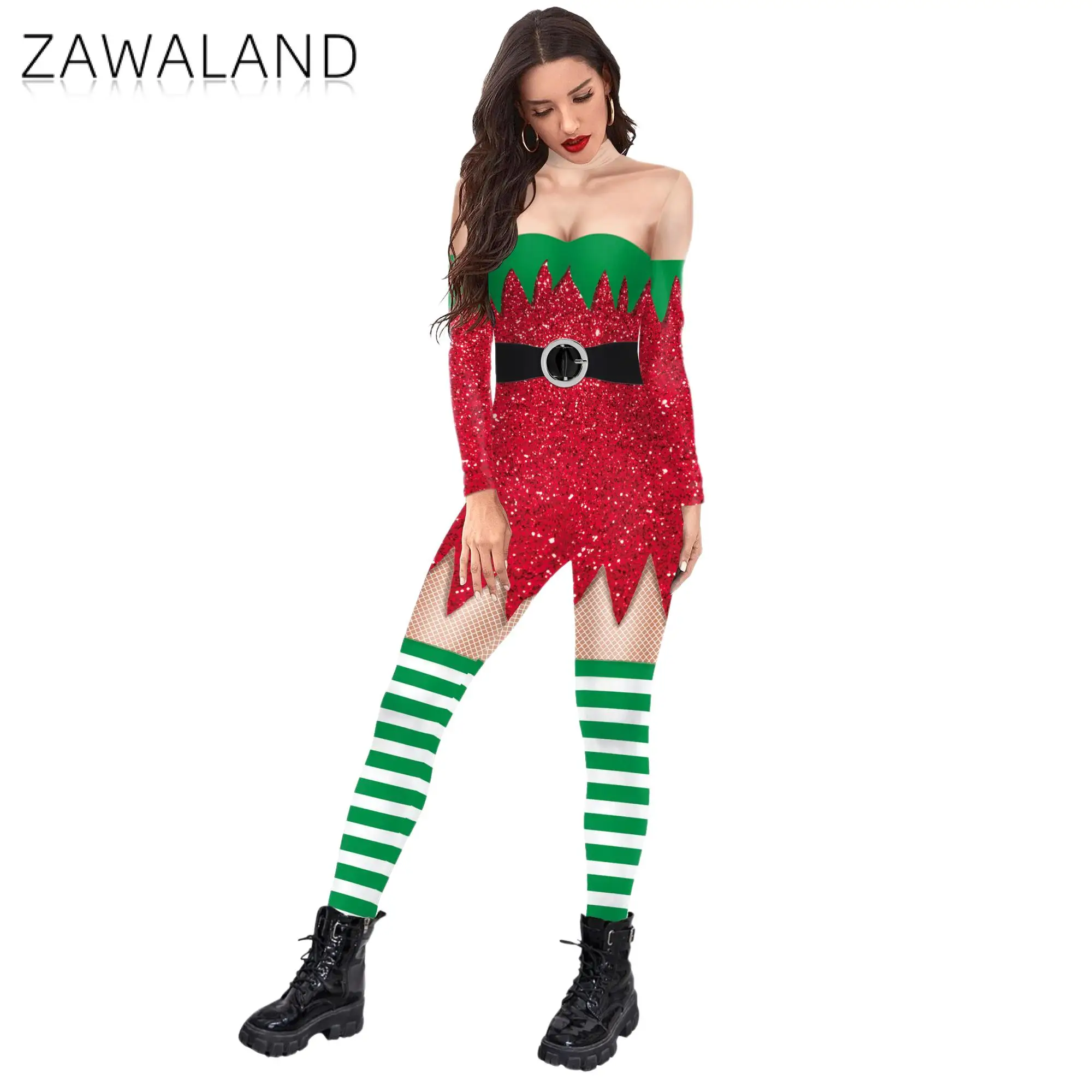 Zawaland Women Xmas Dress Pattern Bodysuit Zentai Suit 3D Print Christmas Holiday Cosplay Costume Female Clothes Sexy Catsuit