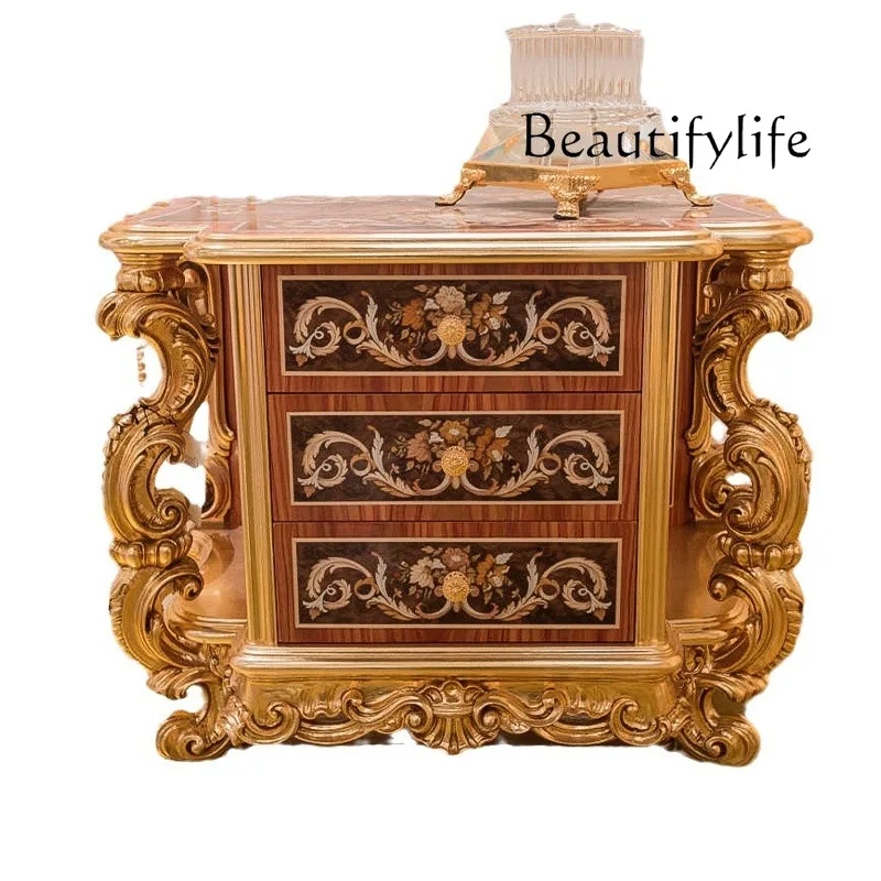 European bedroom bedside table Solid wood hand-carved bedside table Classical bedside table furniture with pumping