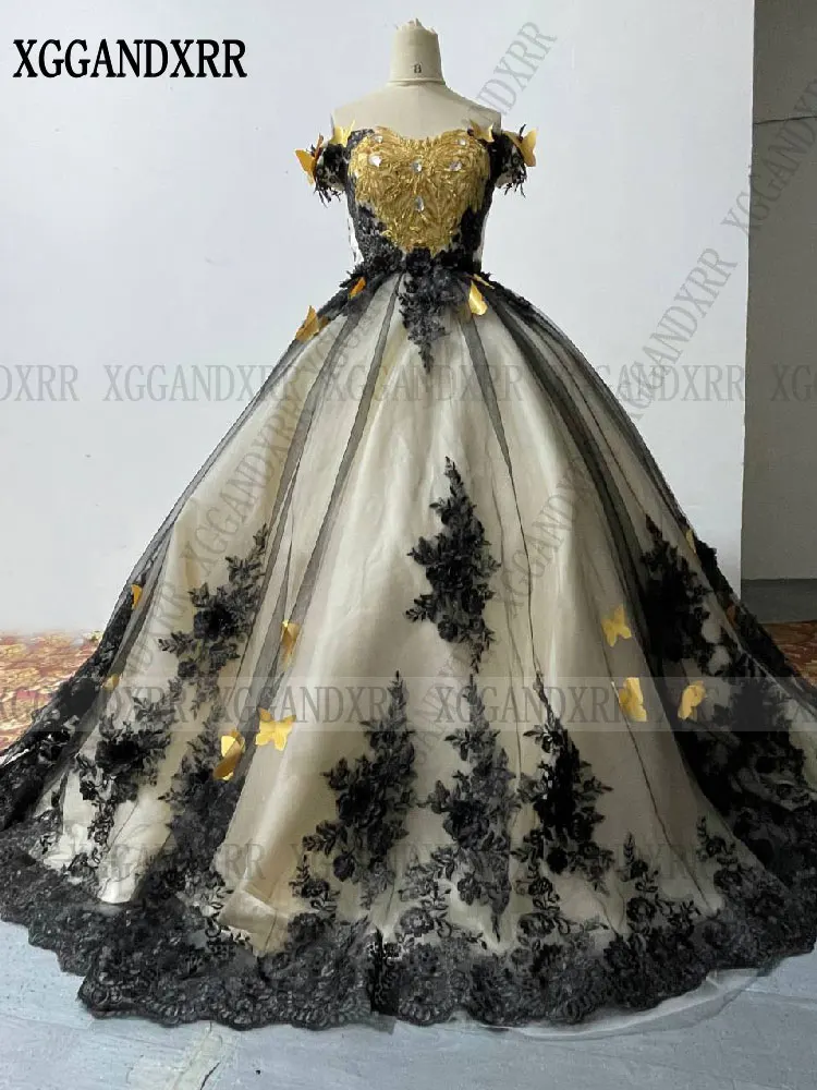 Luxury Black Ball Gown Quinceanera Dress 2024 Off Shoulder Long Train Sweet 15 16 Year Birthday Party Real Vestidos De XV Años