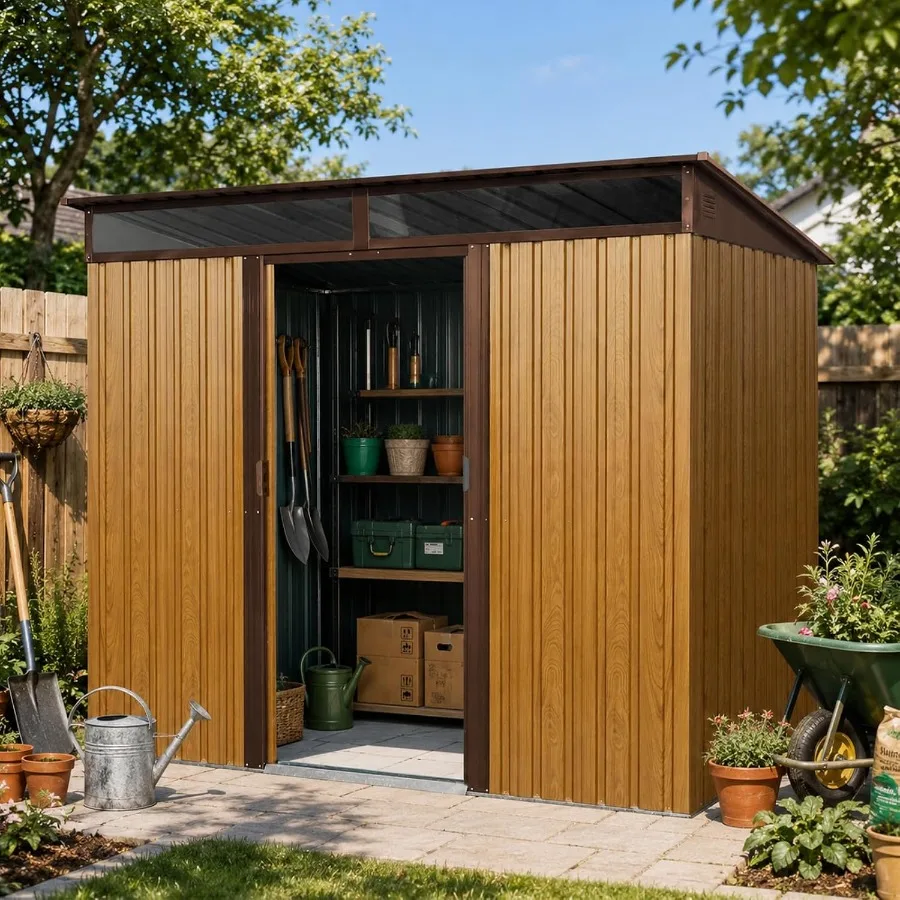 Outdoor Tool Shed For Patio Backyard And Garden, Galvanized Steel, Silver, 8 Ft. X 6 Ft. Lean-to With Sliding Doors And Transpa