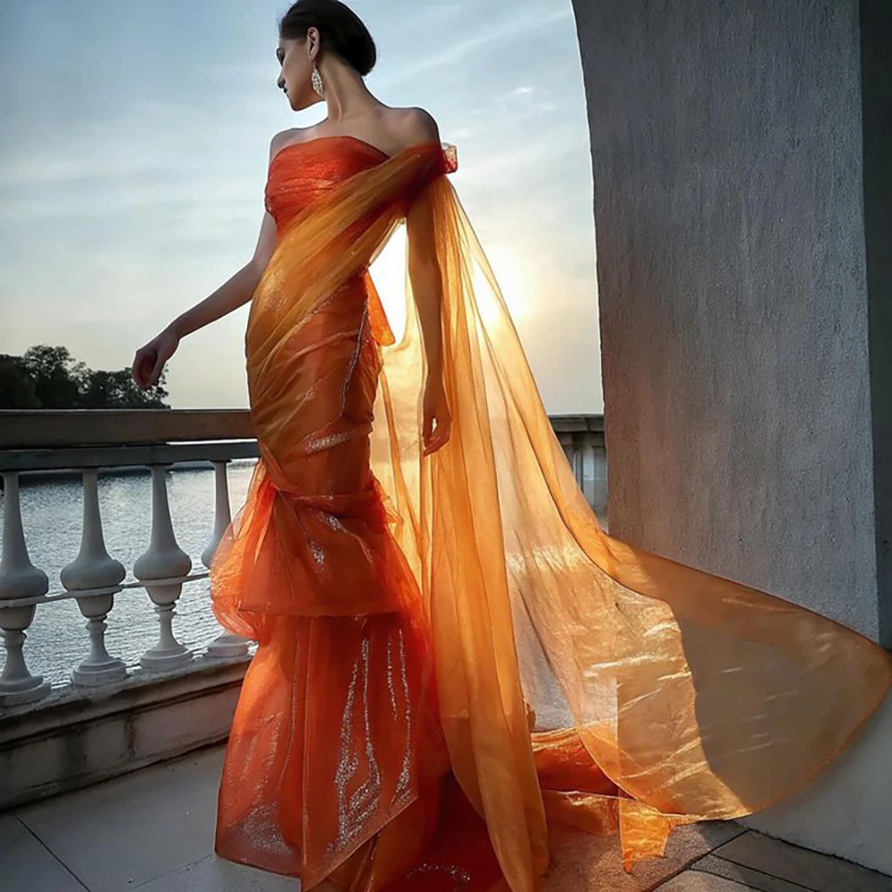 

Captivating Orange Women Dress Gradient Color Strapless Mermaid Evening Gown with Flowing Tulle Stunning Elegant Formal Dress