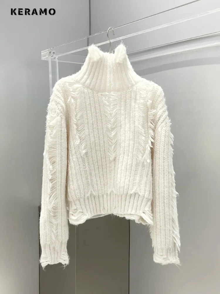 

Элегантная простая стильная водолазка, вязаные пуловеры с длинными рукавами, зима 2025, женский базовый однотонный шикарный свитер с кисточками, топ