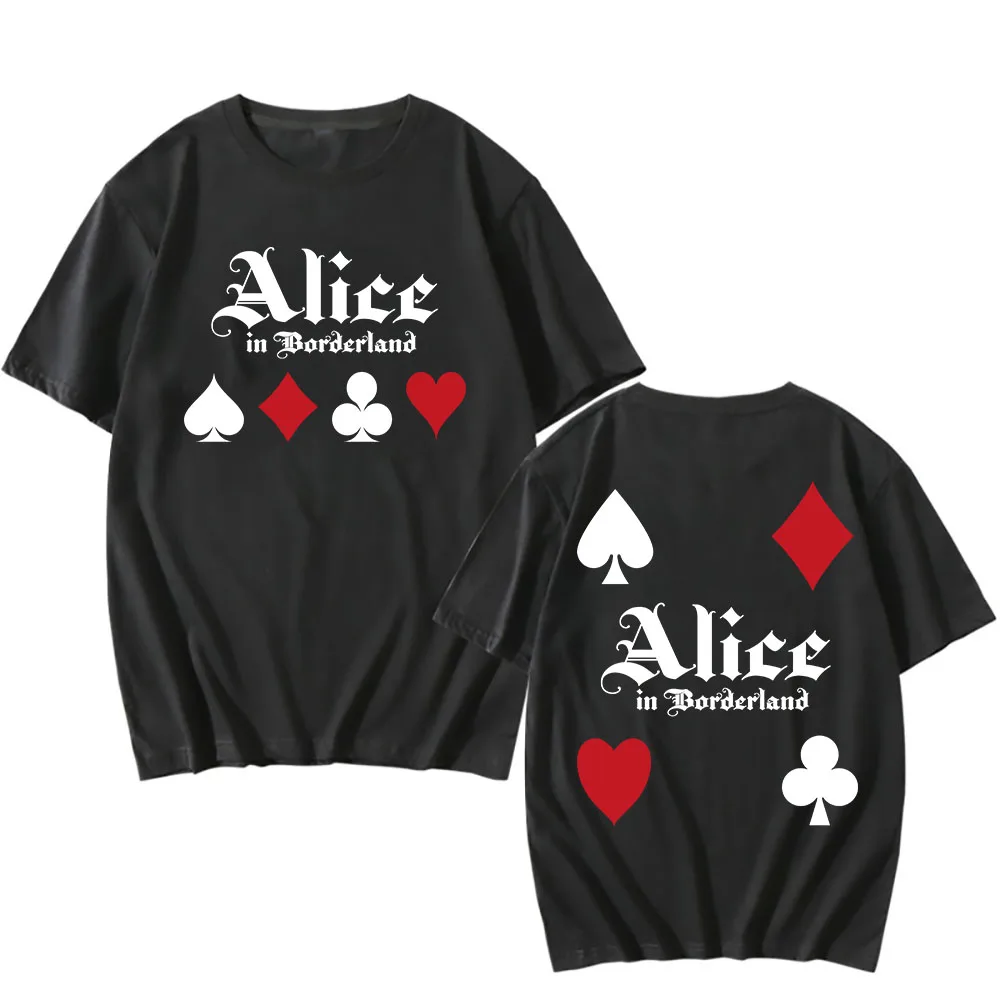 أليس في بوردرلاند الموسم 3 بلايز قصيرة الأكمام القطن الذكور تي شيرت عادية موضة للجنسين الشارع الشهير الرجال النساء الملابس تيز