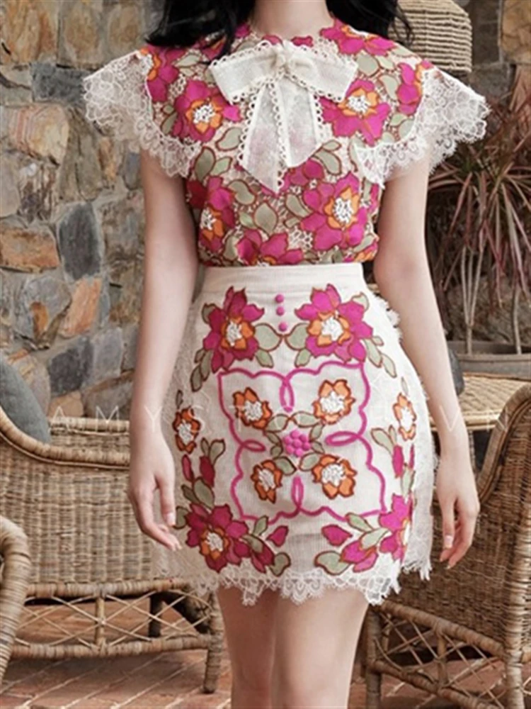 

Woman 2 Piece Set Women Clothing Elegant Solid White Embroidery Lace Half Sleeve Top Shirt + High Waist Skirt Set 2022 Summer