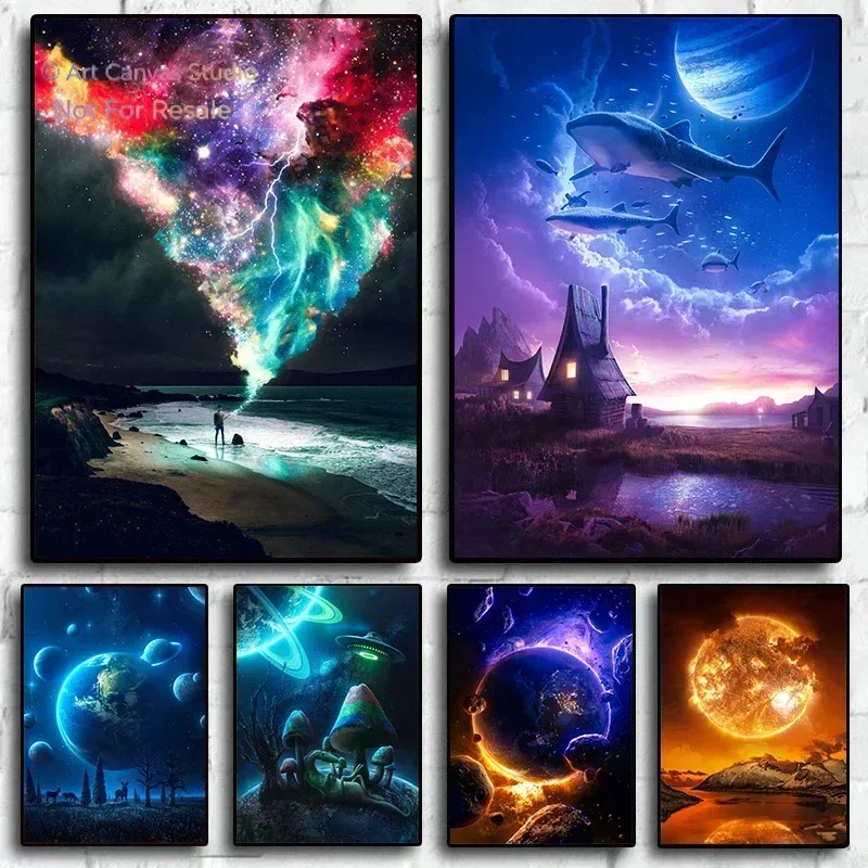 2027Dark Psychedelic Galaxy Posters and Pictures Colorful Light Fantasy Universe Wall Art Planet Canvas Painting Home Room Decor