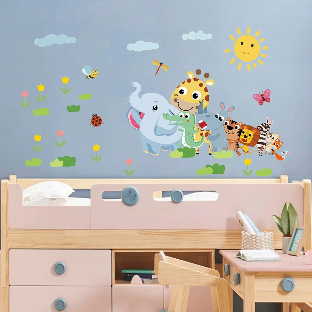 Wall Stickers Cartoon Animals Elephants Lions Cloud Flowers for Kids Room Baby Nursery Room Wall Decals Home Decor Wallpapers