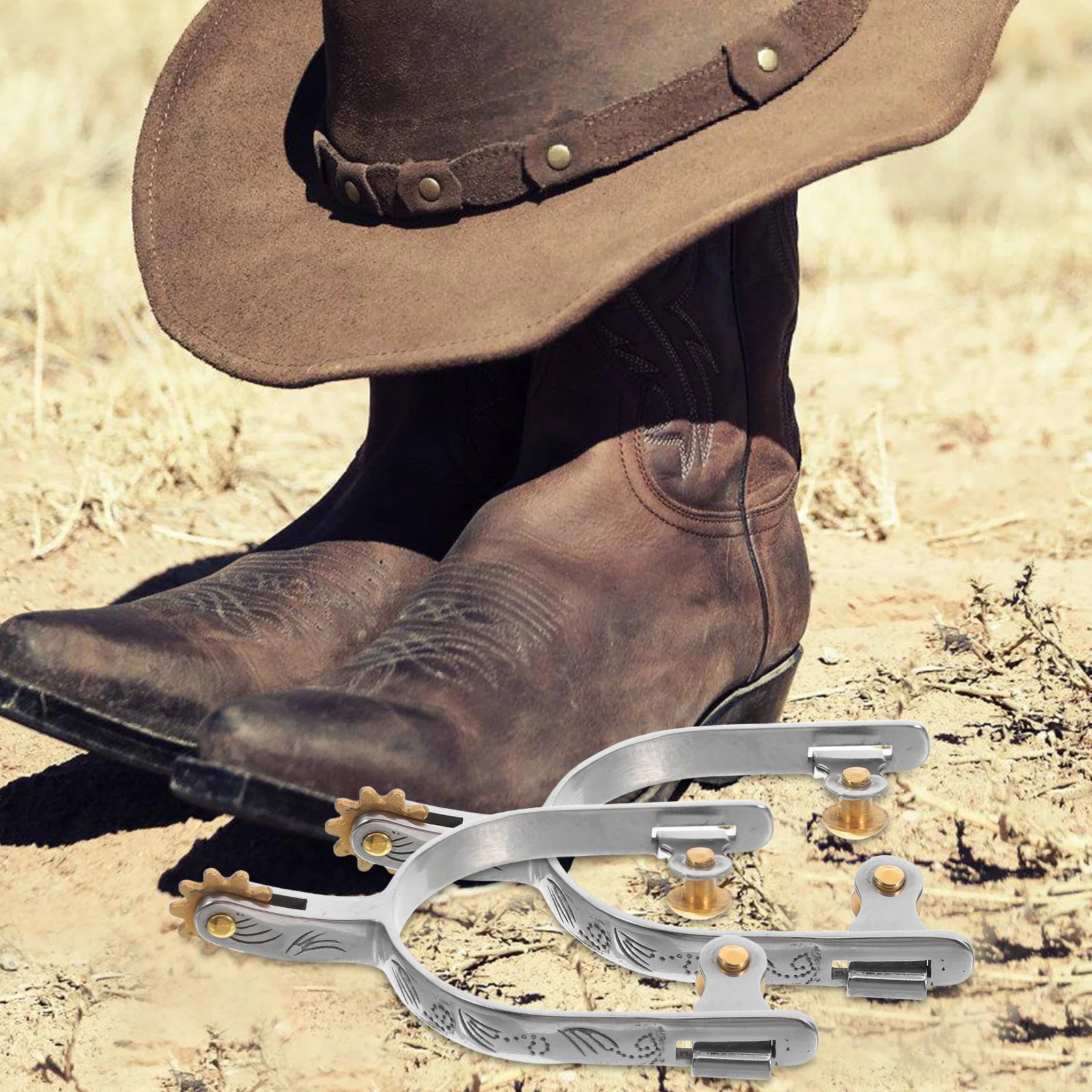 

2pcs Stainless Steel Cowboy Spurs Copper Men Boots Accessories Decorative Belt Buckle Horse Riding Western Style