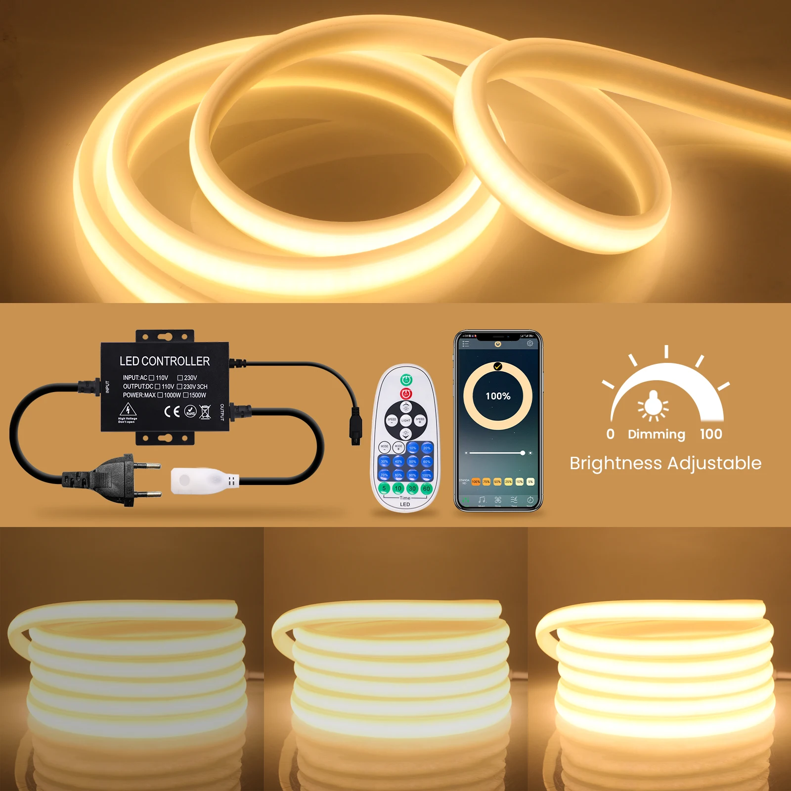 220V COB LED Strip Light Tuya WiFi Dimmable LED Neon Light Waterproof Flexible LED Strip COB Lights with EU Plug