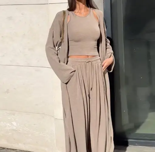 春夏カジュアル3点セット 無地ロングコート ノースリーブベストトップス レースアップハイウエストワイドレッグパンツ