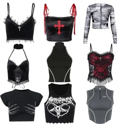 E-girl Gothic Grunge corsetto Crop Top Vintage donna pizzo Trim Cami nero Top Harajuku Retro Mini gilet stile Punk Emo Alt abiti