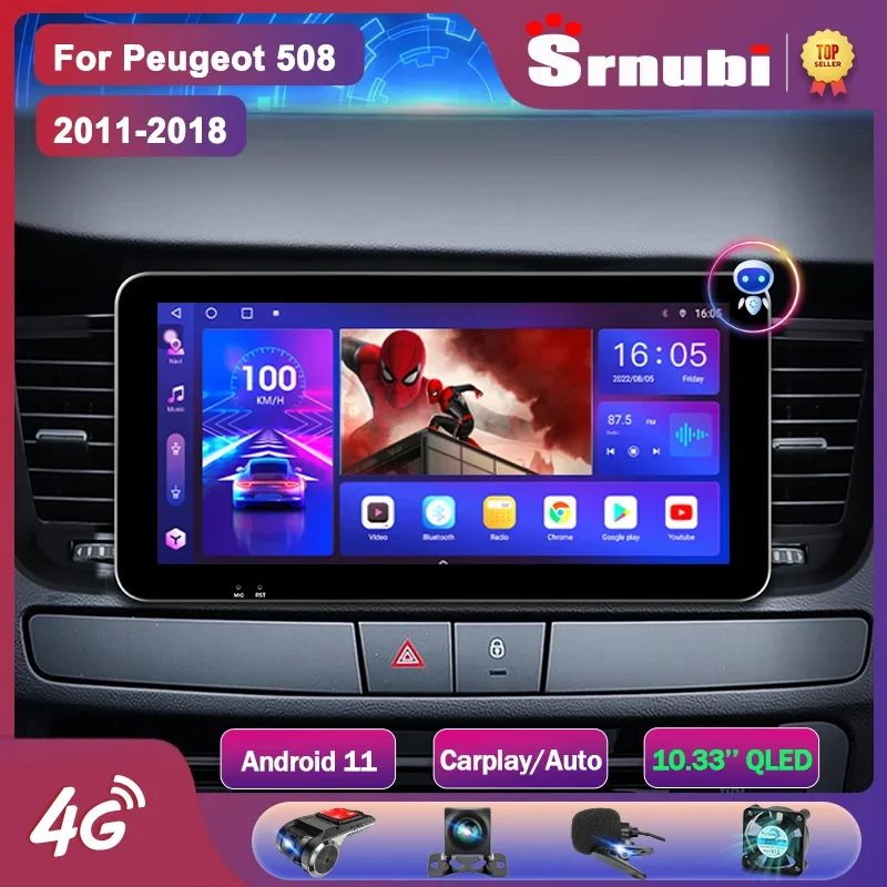 

Srnubi Newest 10.33 inch Android 11.0 Car Radio for Peugeot 508 2011-2018 Multimedia Player 2Din 4G Wifi Carplay QLED Head Unit