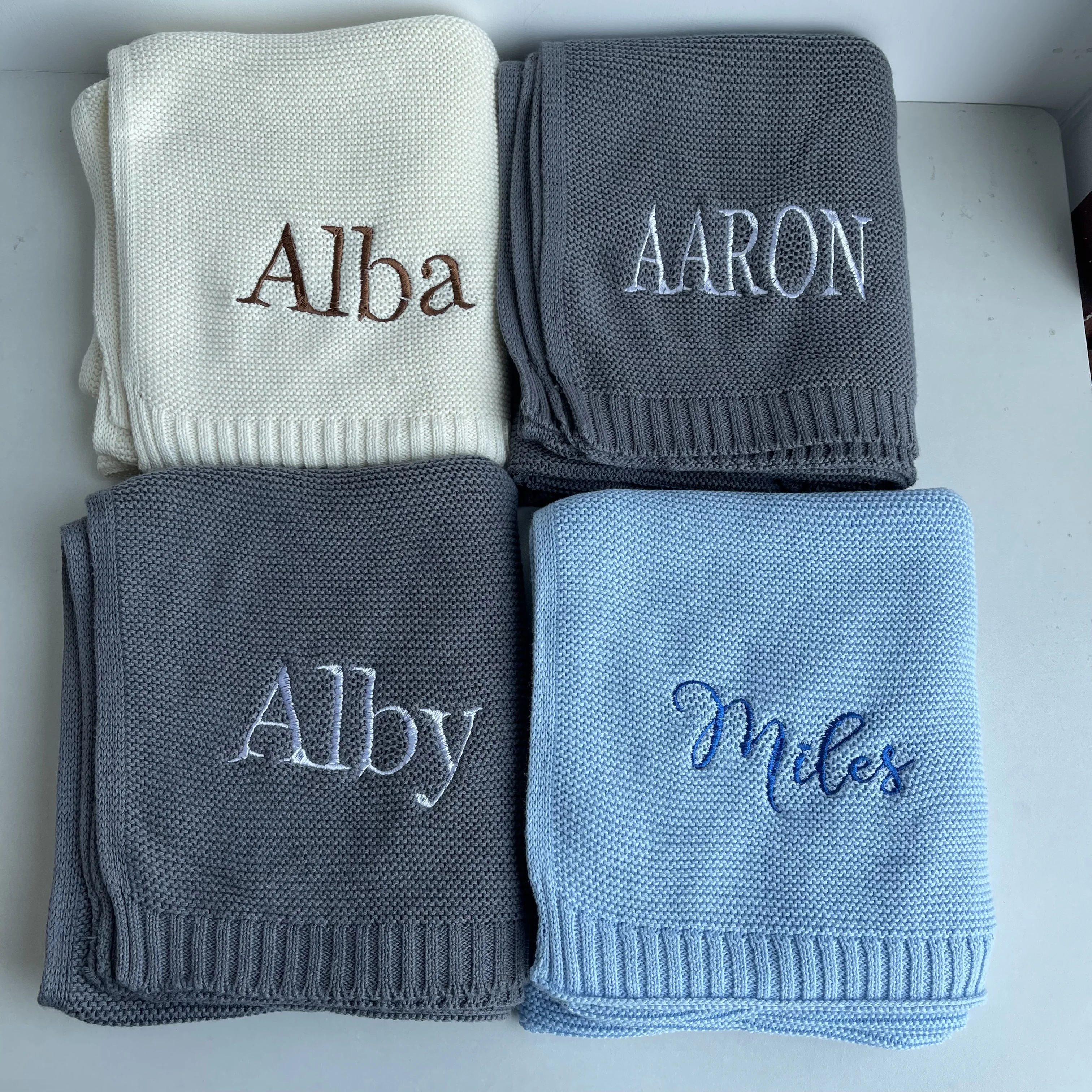 Embroidered Name Baby Blanket Baby Shower Stroller Blanket Newborn Baby Gift Personalized Soft Breathable Cotton Knitted Blanket