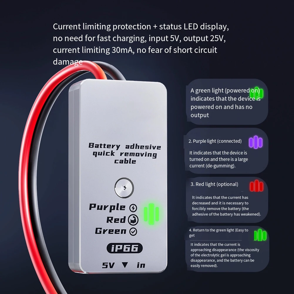 

Electrolytic Battery Glue Removal Cable IP66 Model Featuring 20cm Type C Cable and Clips to Avoid Short Circuit Faults