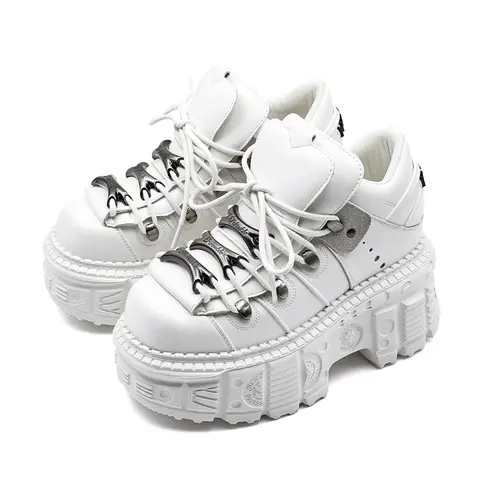 Gothic Ankle Rock Boots Women Shoes White Leather Platform New Punk Style Lace-up Heel Height Shoes Metal Decor Woman Sneakers