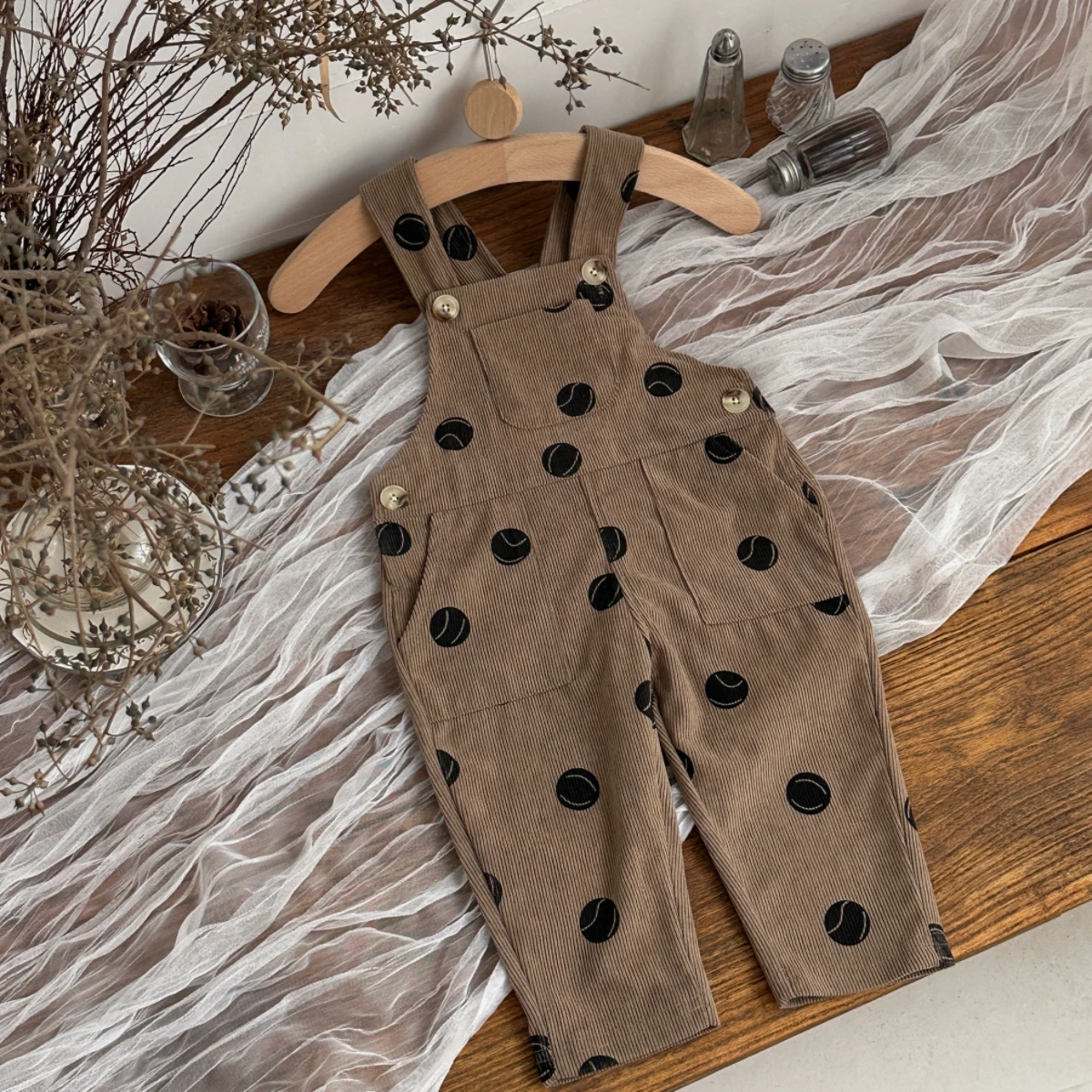 Baby Neutral Corduroy Overalls Black Tennis Ball Print Strap Suspender Pants Spring Autumn Casual Strap Pants for Toddler 0-3