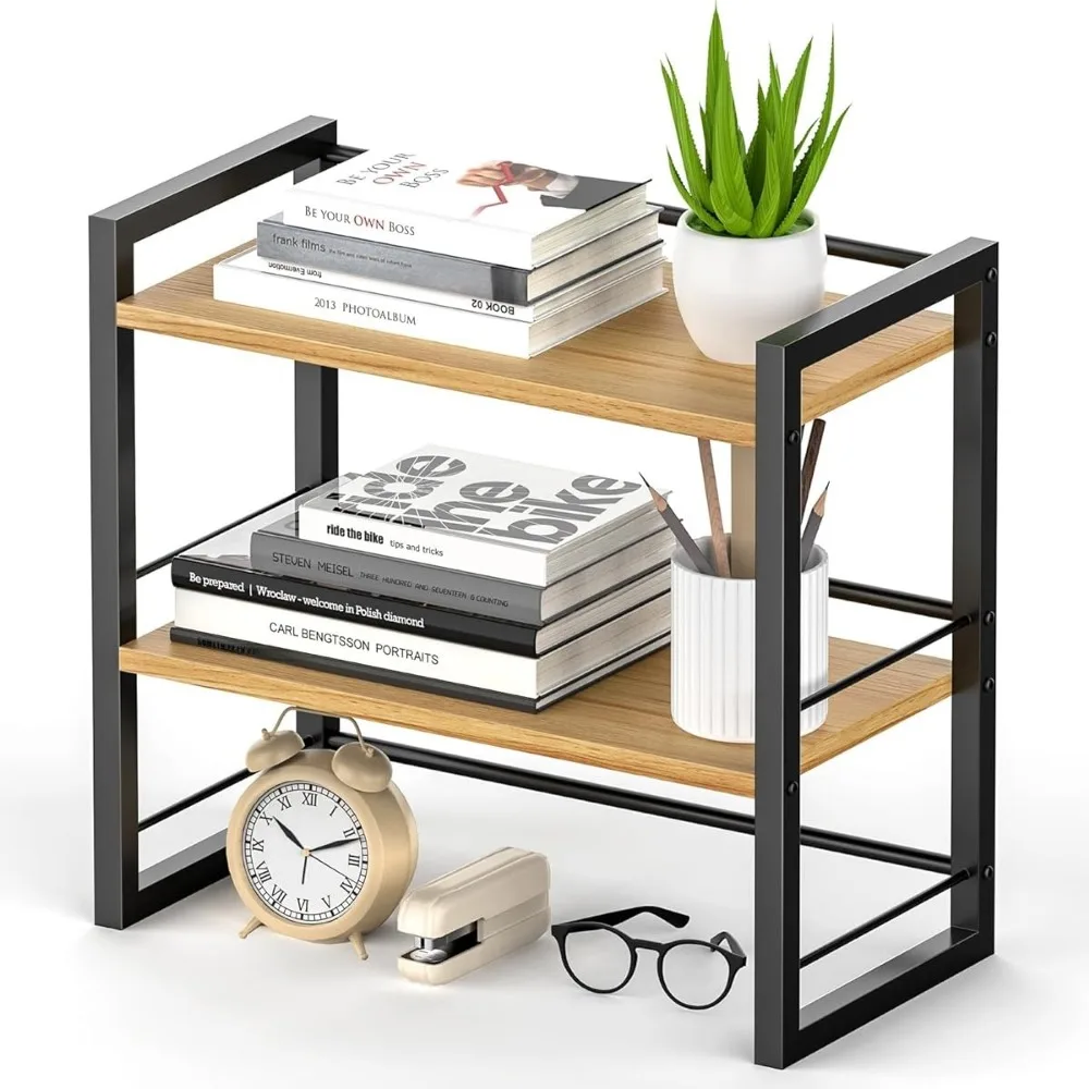 Organizzatore da scrivania a 2 livelli con struttura in metallo e ripiani in legno naturale, scaffale angolare salvaspazio per scrivania, supporto autoportante per casa, ufficio, sala studio, per