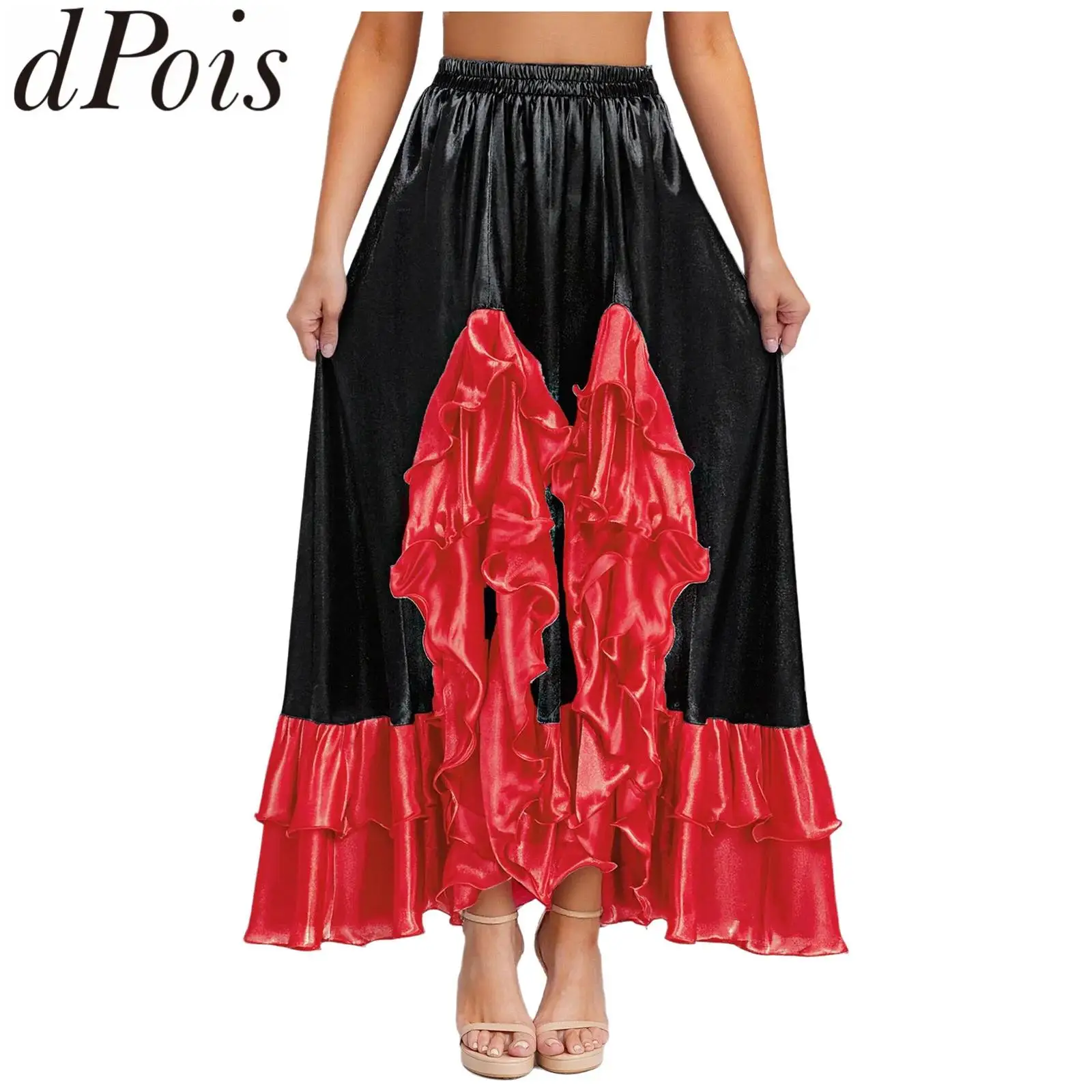 スペインダンス衣装 クラシックジプシーダンス衣装 フラメンコドレス 女性用 サテンスムーススイングスカート 社交ダンス ベリーダンスパフォーマンス