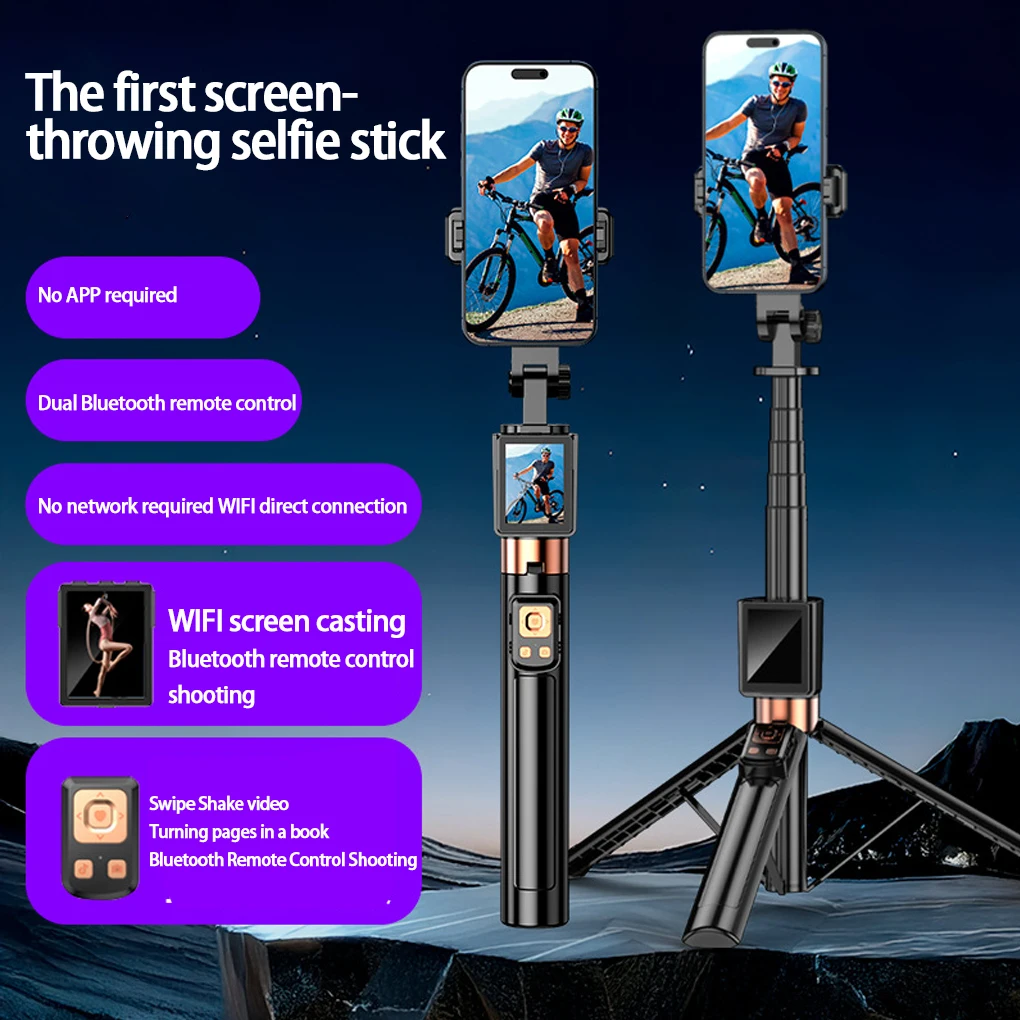 

Tripod Stand Selfie Stick with Selfie Monitor Phone Screen Casting Bluetooth Remote Control for iPhone 16 15 14 Pro/Pro max