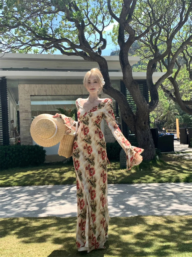 Modna długa sukienka z rozszerzanymi rękawami dla kobiet 2025 Summer Gentle V-neck Printed Dress Elegant Slim Floral Long Holiday Dress