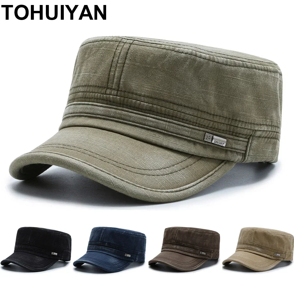 Classic Washed Cotton Military Cap Men Vintage Gorra Army Hat Outdoor Sunscreen Flat Top Caps Unisex Bone Adjustable Cadet Hats