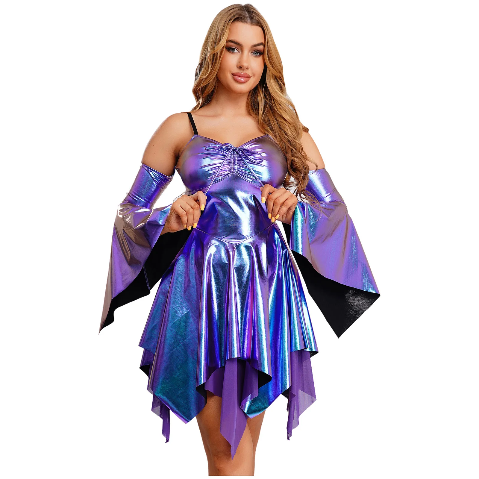 Women Adult Disco Party Metallic Dance Dress Long Sleeve Camis A-line Fashion Dress for Party Raves Nightclub High Look Outfits