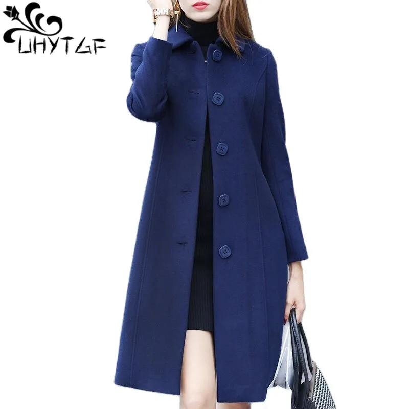 

UHYTGF Luxury Woolen Coat Women Mid-Length Single-Breasted Autumn Winter Jacket Female Casual Ladies Outerwear Abrigo Mujer 2114