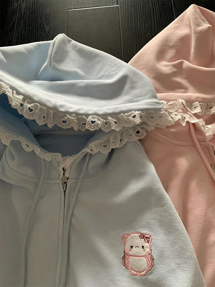 Cute Cat Embroidery Women Sweatshirts Lace Patchwork Sweet Winter Hoodie Jacket Pocket Zipper Loose Fashion Coat Y2K 2024 New