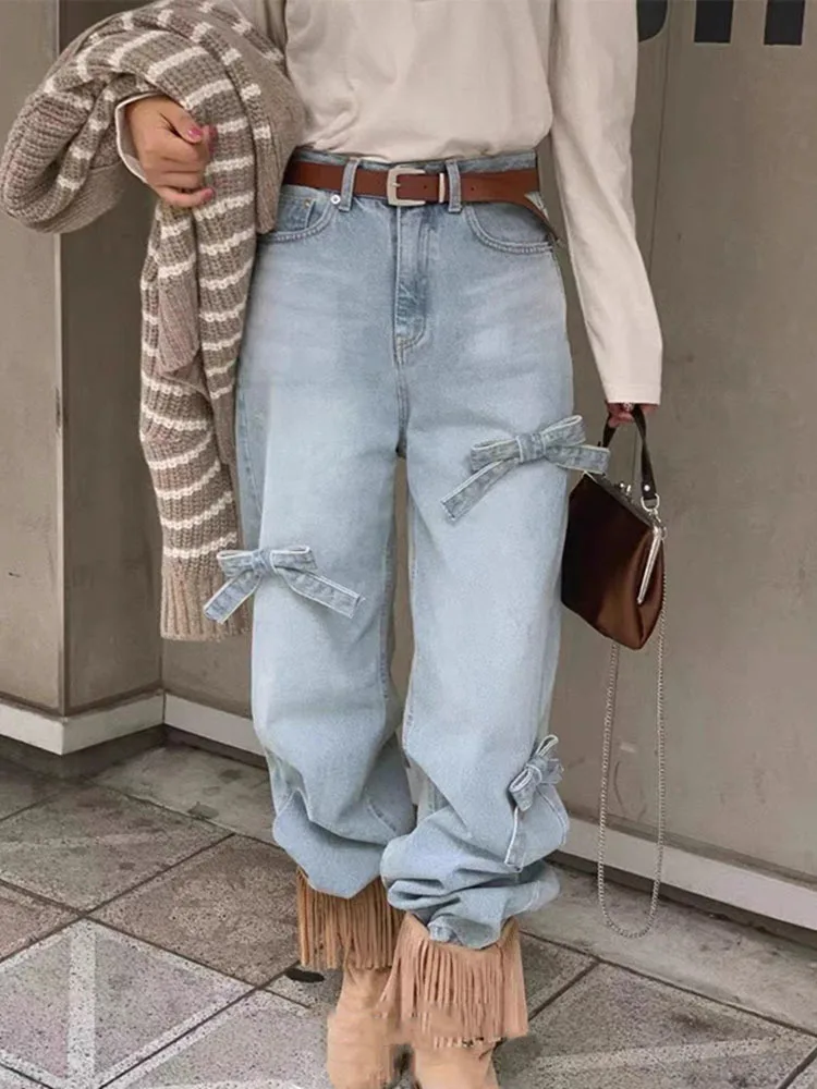 

Bow Baggy Jeans Women 2024 New Fashion Streetwear High Waisted Jeans Vintage Chic Straight Full Length Wide Leg Jeans