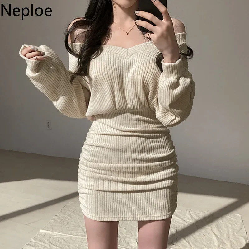 Neploe 2023 Korean Mini Dress Women Sexy V Neck Sweater Fashion Elegant Bodycon Dresses Long Sleeve Pleated Robe Knit Vestidos