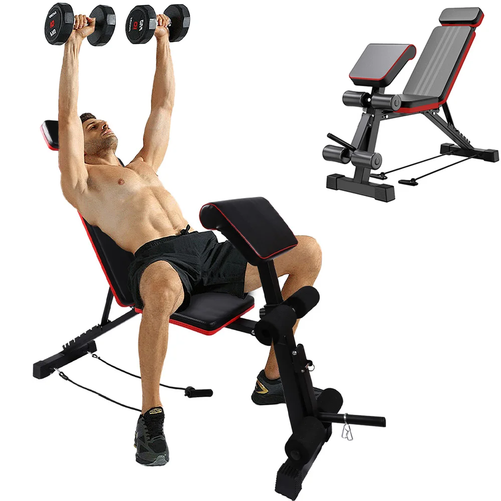 Banco con mancuernas de peso ajustable plegable de 7 niveles, banco multifuncional inclinado/reposacabezas de pierna extendida de 770 libras para entrenamientos en casa