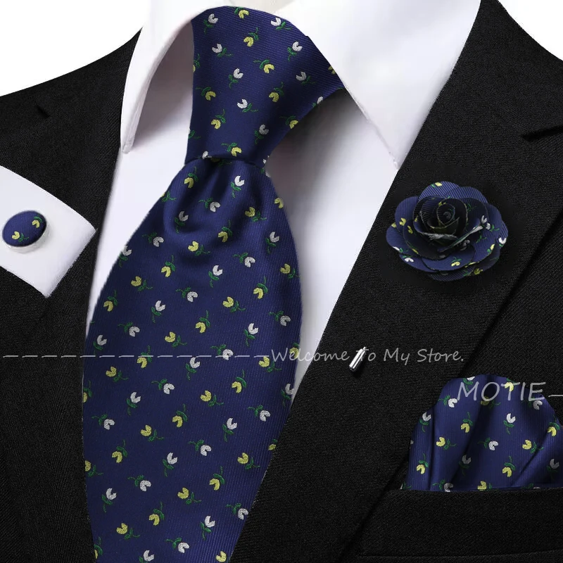 Beauty Flower And Plant Pattern Jacquard Tie Set Include Pocket Square Flower Brooch Cufflink For Shirt Dress Accessory And Gift