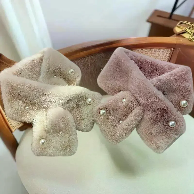 المرأة رقيق الأرنب الفراء الصليب وشاح شتاء دافئ غطاء الرقبة الياقات الأوشحة الكورية فتاة يندبروف اللؤلؤ أفخم سنود منديل #4