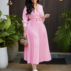 Pleated Dress Women Sexy Dresses Party Night Slim High Waist Elegant Long Maxi Wedding Work Bodycon Mid Length Belt Vestidos