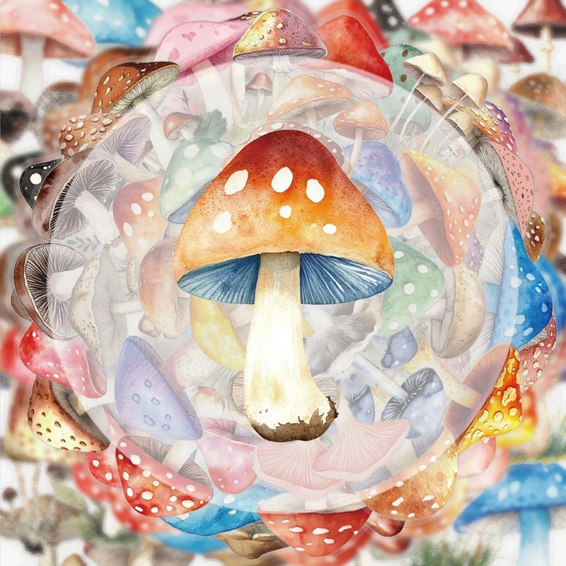 50 Transparent Mushroom Stickers, Vibrant Stickers and Decals, Multiple Styles Without Duplication, Suitable for Water Bottles, Laptops, Suitcases, Skateboards, Guitars, Party Decorations