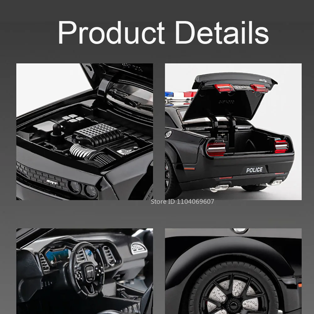 1:24 Model Auta Policyjnego Hellcat, Zabawki, Odlew ze Stopu, Challenger SRT, Samochody Sportowe, 4 Otwierane Drzwi, Dźwięk, Światło, Napęd Pull Back, Prezent dla Dzieci