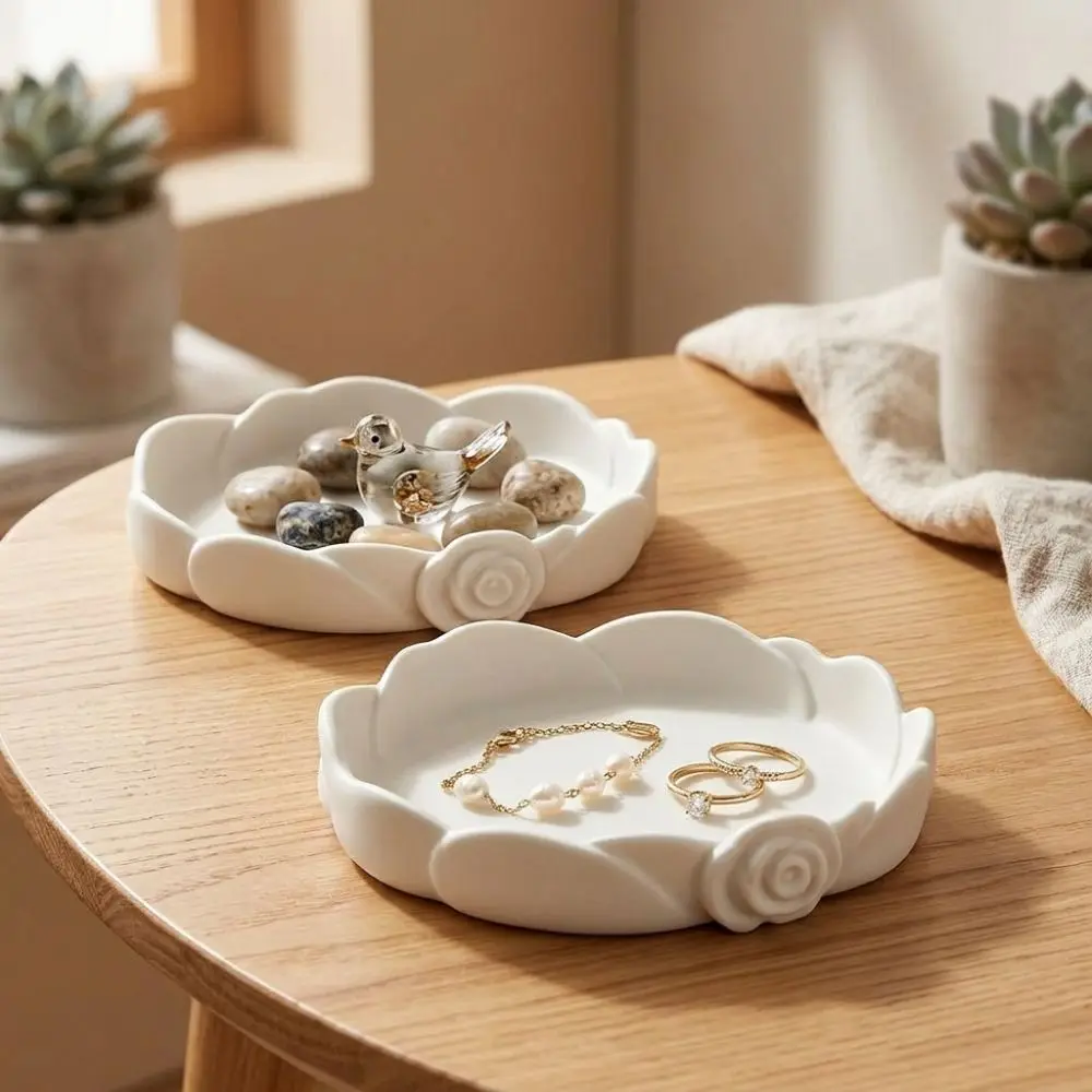3D Printed Rose-Shaped Jewelry Storage Tray Plastic Non-Slip Base Minimalist Flower Key Dish Elegant Look Wear-Resistant
