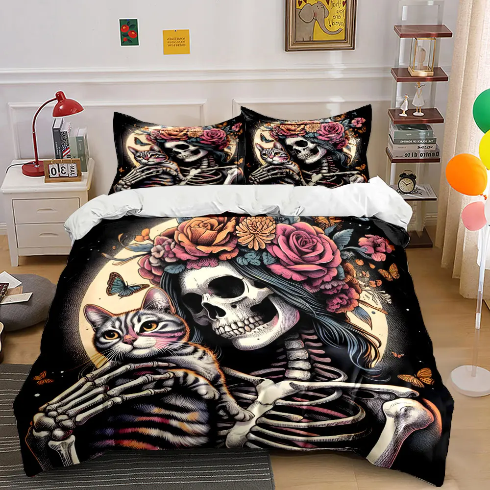Floral skeleton embraces cat artistically vivid Bedding set 3PC 1 duvet cover 2 pillowcases adult and children bedding set