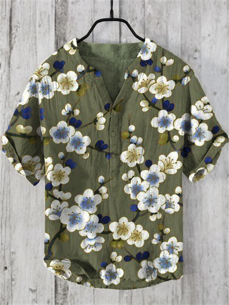 2024 Summer Flower Print Henry Shirt For Men Popular Men's Short sleeved Shirt Fashion Casual Oversize Hawaiian Men's Top